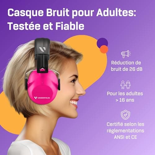 Vanderfields Casque Anti Bruit Adulte, Homme et Femme avec 26dB SNR - Réglable Pliable et Confortable Casque Protection Auditive pour Chantier, Bruit de l'aéroport, Feux d’Artifice, Travail