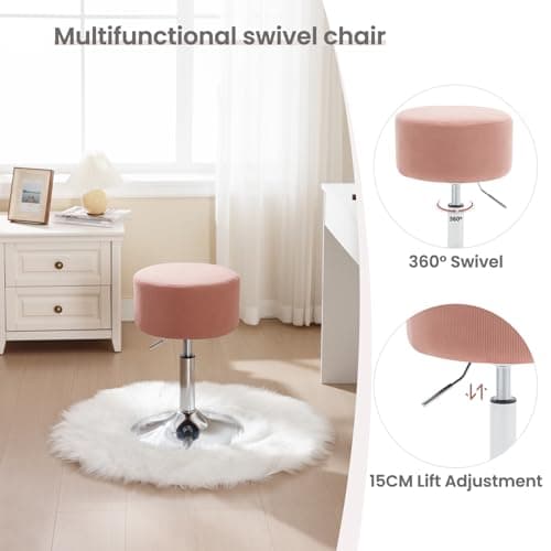 WOLTU Tabouret de Maquillage, Tabouret de Bar Rond, Tabouret Réglable en Hauteur, Tabouret Pivotant sur Socle Évasé en Métal, Tabouret Rembourré, en Velours Côtelé, Rose, BH409rs-1