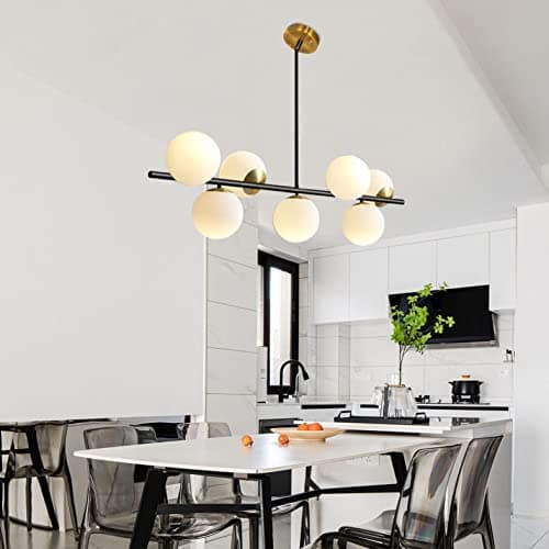 KCO Éclairage noir et laiton - Lustre moderne Spoutnik - 7 lumières - Globe en verre de lait - Pour cuisine, salle à manger, salon, chambre à coucher