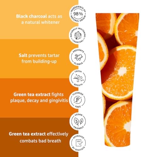 Ecodenta Dentifrice au Charbon Actif Dents Blanches Sans Fluor 4 Pack I Dentifrice au Charbon Noir Blanchiment des Dents I Dentifrice Blanchissant les Dents au Charbon Actif Noir Saveur Orange 4x100ml