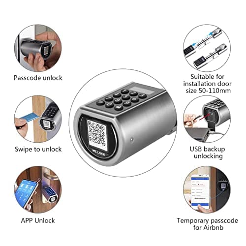WELOCK PCB01 Serrure Connectée Serrure à Code avec RFID carte,Connexion Bluetooth APP, Serrure Digitale Wi-Fi(nécessite WiFiBox),Smart Lock Facile à installer Argent