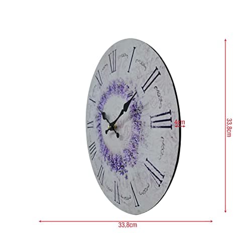 Rebecca Mobili Horloge Murale, Horloge Suspendue pour Cuisine, MDF, Blanc Noir Violet, Impression De Fleurs, Style Shabby Chic - Diamètre 33,8 cm x P 4 cm - Art. RE6806