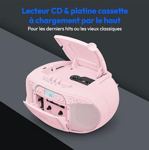 MEDION E66476 Stereo Sound System (Boombox, Lecteur CD, MP3, Cassette, Lecteur de Cassette Portable pour Enfants, Radio FM, AUX, écouteurs, Secteur & Batterie) Rose