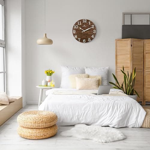 Lafocuse Horloge Murale Bois Silencieuse Retro, Rustique Vintage Pendule Murale Marron, Shabby Chic Deco sans Tictac Maison Salon Cuisine Chambre Bureau 30cm