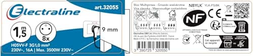Electraline 32055 Bloc Multiprise 8 Prises avec interrupteur - câble 1,5 m