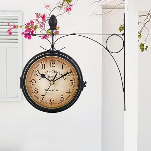 Syfunlv Horloge de Gare Rétro Double Face, Jardin Train Gare Horloge Murale, Nombre Horloge Murale en Fer, pour L’intérieur et L’extérieur Maison Terrasse Jardin Cuisine Cour Séjour, 21,8 * 21,8 cm