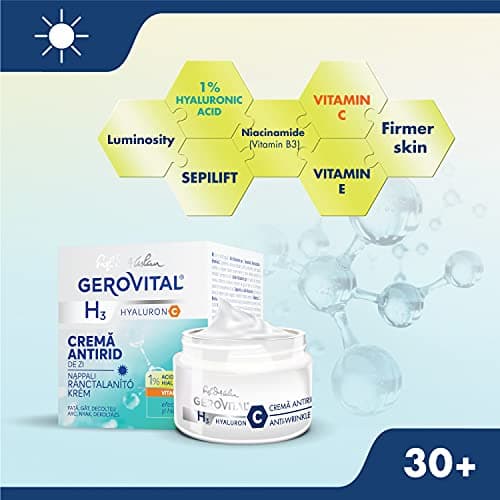 Crème Hydratante Anti-Rides Antioxydante pour Visage de Jour à l'Acide Hyaluronique, Vitamine C et E, 50 ml, Gerovital H3 Hyaluron C