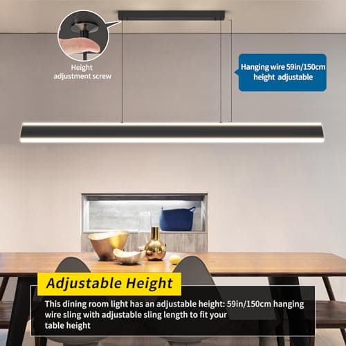 Mikeru 120cm Luminaire de l'Îlot de Cuisine, Luminaire Suspendu LED Moderne Noir Dimmable de 10% à 100% Température de Couleur 3000K/4500K/6000K Lustre Réglable en Hauteur pour Salle à Manger