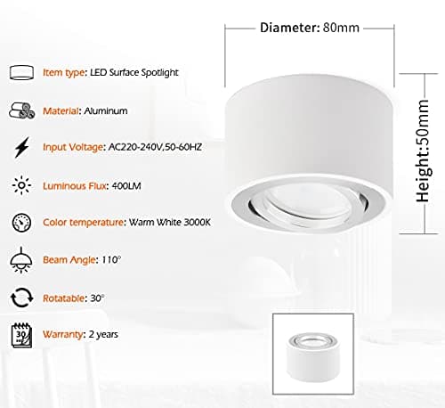KYOTECH Spot LED en Saillie Orientable Ø80x50mm Plafonnier Luminaire Apparent Ronde Blanc Plafonnier Spot LED Downlight 5W LED Module 400LM 3000K Blanc Chaud