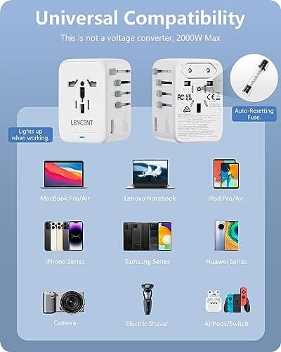 LENCENT Adaptateur Prise Universelle 65W, 3 Type-C+1 USB Chargeur Rapide Voyage, Chargeur Universel de téléphone avec Prise Internationale pour Phone, PC, UK US EU AUS Blanc
