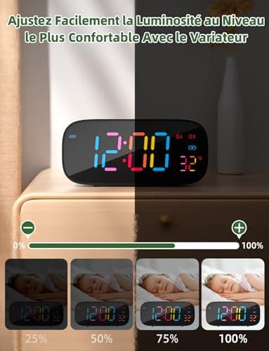 LIORQUE Réveil Numérique, Reveil a Piles LED en Couleur avec Fonction de Snooze, Reveil Digital avec Température, 0-100% Luminosité, 8 Sonneries, 2 Alarmes, 12/24H, Port de Charge USB, Noir