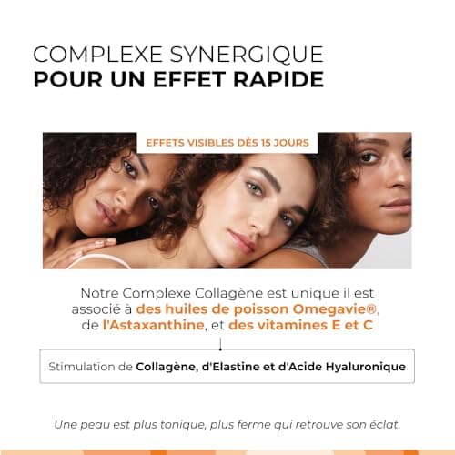 Complexe Collagène Marin Hydrolysé Breveté - CUURE - 45 Jours - 45 Gélules - Oméga 3, Vitamine C E et Astaxanthine- 1500 Dalton - Peau - Fabriqué en France