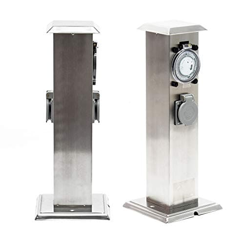 Wiltec Multiprise de jardin double – 2 prises – 155 x 155 x 405 mm – Design colonne d’énergie – en Acier affiné inox – avec Minuterie mécanique – Utilisation extérieure IP44 Outdoor