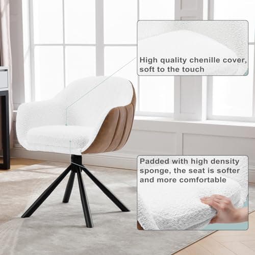 WOLTU 1x Chaise Pivotante, Chaise Salle à Manger, Chaise de Cuisine, Chaise Scandinave, Fauteuil Chambre, Siège Rembourré, Pieds en Métal, Chenille Blanc + Simili Cuir Marron, EZS04ws-1