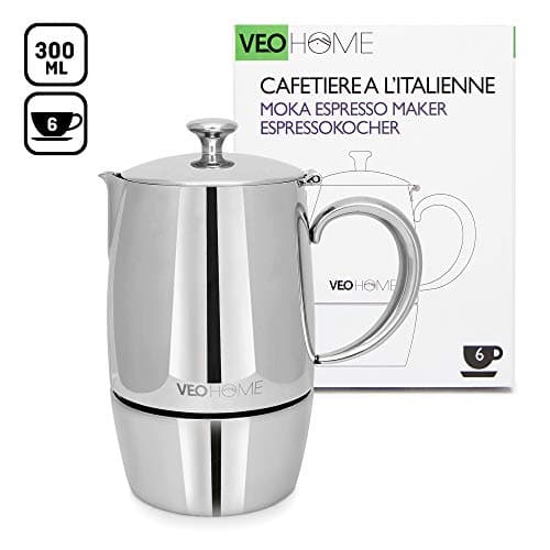 VeoHome Cafetière Italienne inox 6 Tasses 300 ML – Cafetière Moka Induction, Gaz, Céramique Style Expresso – Incassable, Sûre et Lavable au Lave-Vaisselle...