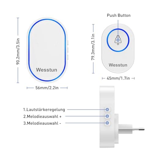 Sonnette sans Fil Exterieur Etanche, Wesstun IP67 Étanche Kit de Carillon Electronique, 39 Mélodies au 5 Niveaux Volumes Doorbell, Facile à Installer à La Maison Sonnette sans Fil, Blanc
