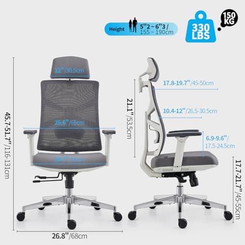 HOLLUDLE Chaise de Bureau Ergonomique avec Dossier Adaptable, Fauteuil D'ordinateur avec Accoudoirs 4D, Profondeur D'assise Réglable, Soutien Lombaire et Appui-tête 2D, Siège de Travail, Blanc