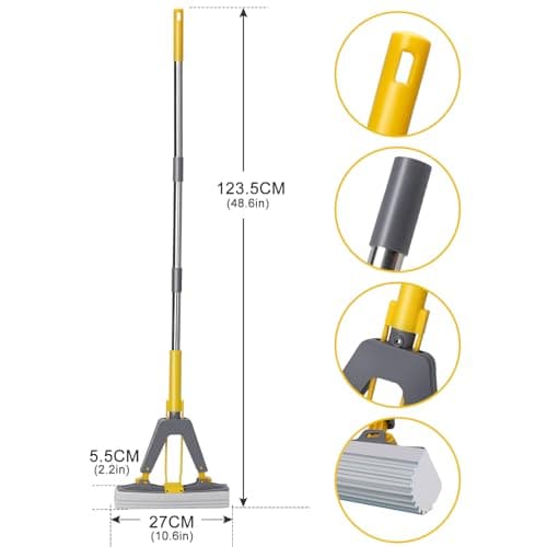 Masthome Balai Eponge Absorbant avec Essoreuse Intégrée, Balai Serpillière avec 3 Réutilisables PVA éponge Head, Poignée Réglable de 130 cm, Serpillière éponge pour Nettoyage Sols