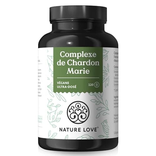 Complexe de chardon Marie NATURE LOVE® - 120 gélules - chardon Marie, artichaut, pissenlit et desmodium - hautement dosé avec 80% de silymarine - testé en laboratoire, végane, produit en Allemagne