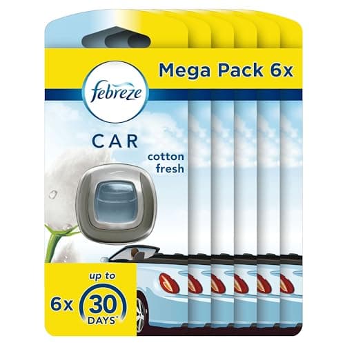 Febreze Désodorisant Voiture, Mega Pack de 6, Pureté de Coton, Parfum Voiture, Sent Bon Fraîcheur pure Élimination Des Odeurs Persistantes