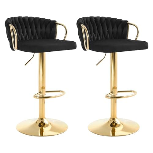 WOLTU Lot de 2 Tabouret de Bar avec Dossier Tissé et Repose-Pieds, Tabouret Pivotant à 360°, Hauteur Réglable, Base Évasée en Métal, Noir, BH426sz-2