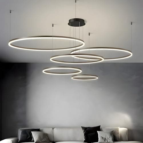 YYUTLUO Lustre LED Moderne DIY Cercle | 5 Noire Anneaux :20+40+60+80+100cm=130W | Éclairage Suspendu LED Métal+Acrylique Télécommande Intensité Variable 2,4G Lampe Suspendue Plafond Ronde Salon