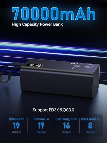 Batterie Externe 70000mAh, Power Bank PD 30W & QC 4.0 Charge Rapide avec écran numérique, Chargeur Portable Grande capacité 5 Sorties et 2 entrées, Batterie Externe iphone pour iPhone
