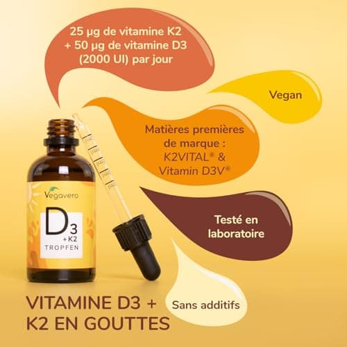 Vitamine D3 K2 Gouttes Vegavero® | VEGAN | 2000 UI Vitamine D3 + 25 μg Vitamine K2-MK7 | Haute Biodisponibilité et Dosage | Immunité + Santé des Dents et Os