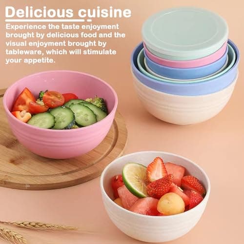 Sporgo Lot de 4 bols avec couvercle : 24 oz Bols à céréales 710 ml Saladier avec couvercle Bol en plastique incassable Bol à soupe Bol à salade pour enfants adultes