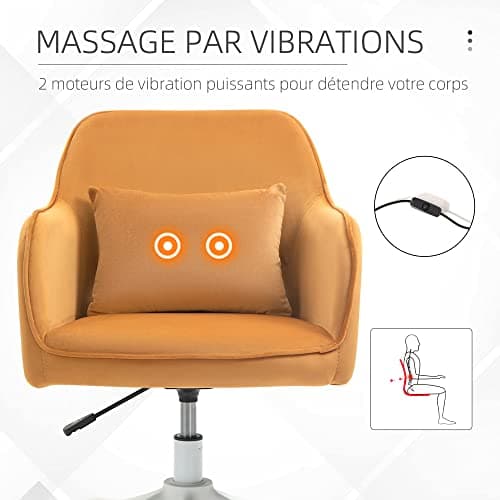 HOMCOM Chaise de Bureau Velours Fauteuil Bureau massant Coussin Lombaire intégré Hauteur réglable pivotante 360° Jaune