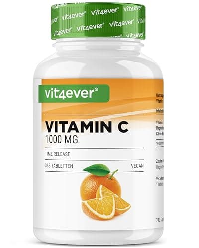 Vitamine C 1000mg - 365 comprimés par an - Effet à libération prolongée - Testé en laboratoire - Vitamine C + Extrait d'églantier + Bioflavonoïdes d'agrumes - Végétalien - Fortement dosé