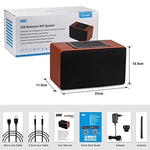 Enceinte Wifi Multiroom Bluetooth Sans Fil Stereo - August WS350 - Haut Parleur Portable Design Puissante Airplay Ethernet Jack 3.5mm Internet Radio Spotify Tidal PC Mac - Secteur et Batterie - Bois