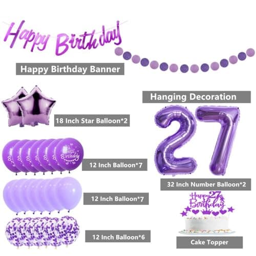 Ballon 27 ans violet Femme,Décoration gâteau 27 ans anniversaire violet,Décoration fête 27 ans anniversaire Femme,Ballons anniversaire 27 ans violet,Décoration anniversaire 27 ans Femme violet