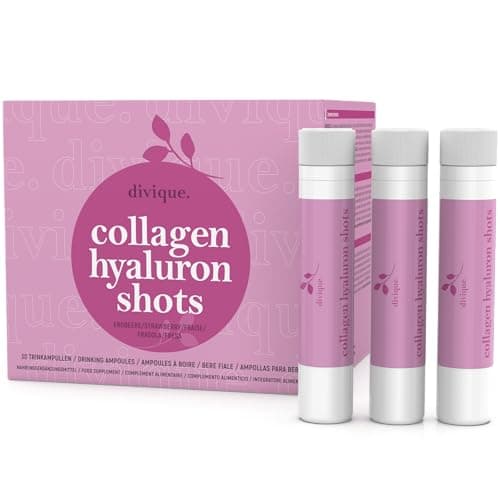 Divique collagène liquide avec acide hyaluronique (30 ampoules) - 4 000 mg de collagène + 100 mg d'acide hyaluronique - avec vitamine C, biotine, zinc, cuivre, sélénium - goût fraise