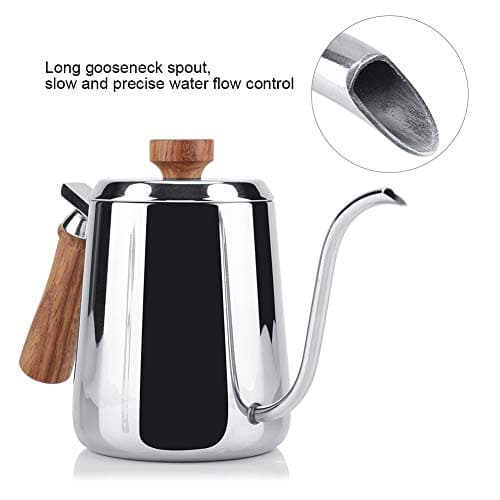 Théière Col de Cygne Bouilloire à Café en Acier Inoxydable Cafetière Goutte à Goutte Tasse de Café D'égouttement de La Bouteille de Poignée en Bois(350ML)