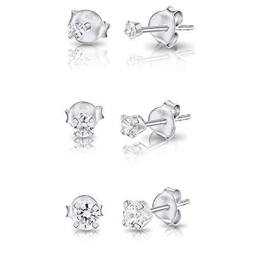 DTPsilver® 3 PAIRES lot boucles d'oreilles femme argent 925 - MINI et Petits Clous Puces d'oreilles en Argent Fin 925 et Oxyde de Zirconium Ronds - Diamètre: 2, 3, 4 mm - Blanc/Clair CZ