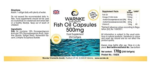 Gélules d'Huile de Poisson 500 mg - 250 gélules molles - 30% d'omega-3 (EPA et DHA) | Warnke Vitalstoffe - Qualité des pharmacies allemandes