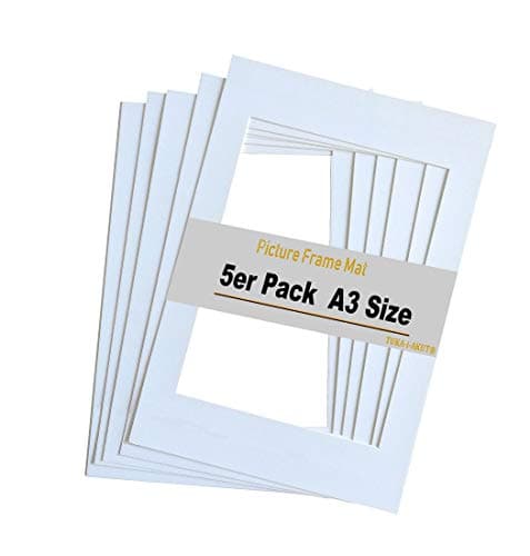 TUKA 5x Passe-Partout DIN A3, Ouverture A4 20,8x29,5cm, Blanc, 1 mm d'épaisseur Passepartout, Sans Acide Résistant au Vieillissement pour l'encadrement Photos Affiches Impressions d'art, TKD9100-A3