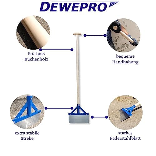 DEWEPRO Grattoir à choc avec manche en bois - Grattoir pour sol, goudron, plâtre, mortier – Très stable avec entretoises et lame en acier à ressort - Largeur : 300 mm - Longueur totale environ 137 cm.