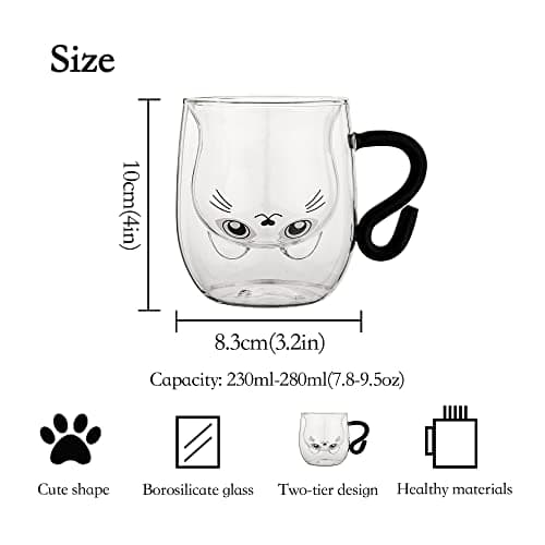 SHENDONG Tasses à café en verre avec poignée en forme de chat mignon - Double paroi isolée - Cadeau pour un anniversaire, la Saint-Valentin et le bureau (chat blanc)
