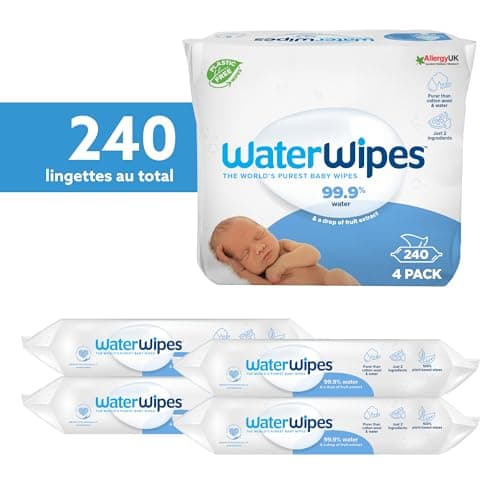 WaterWipes Lingettes Bébés Originales Exemptes De Plastique, 240 Unités (4 Paquets), Lingettes à Base d'Eau à 99,9 %, Non Parfumées pour les Peaux Sensibles