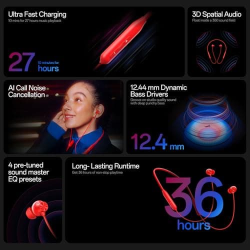 One Plus Bullets Z3 Écouteurs sans fil Bluetooth 5 pouces Spacial Audio - Pilotes de 12,4 mm, 36 heures d'autonomie (Mambo Midnight)