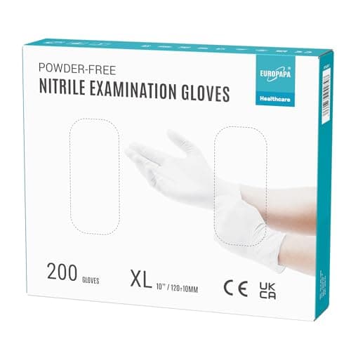 EUROPAPA® Lot de 200 gants jetables en nitrile sans poudre EN455 EN374 - Sans latex - Tailles S, M, L et XL disponibles (XL, Blanc)