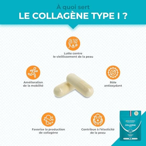COLLAGÈNE Type I - Source de vitamine C - Hydratation de la Peau - Protège Os & Articulations - 900 mg - 90 Gélules - Nutrimea - Fabriqué en France