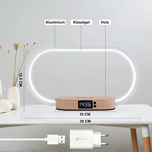 Lampe de Chevet Chargeur sans Fil, Tactile avec Port USB, Chargeur Induction avec L'horloge, Lampe de Table avec 3 Modes de Couleur et Intensité Variable, Bois&Blanc