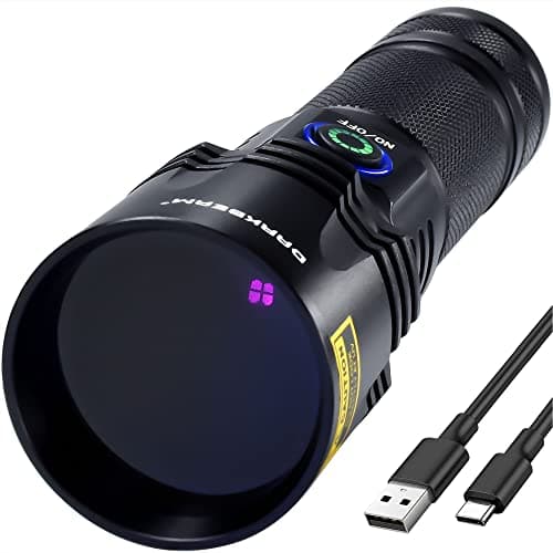 DARKBEAM Lampe Torche UV 365nm Puissante Lumière Noire, LED Lampe de Wood 20W Rechargeable USB C Portable, Lampe de Poche Ultra Violet Détecteur d'urine, Fuite détection, Durcissement en Résine, B14