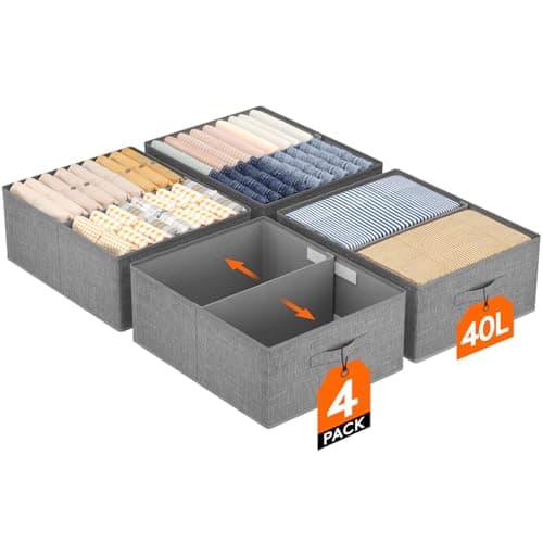 Lifewit Boite Rangement Vetement Lot de 4, Rangement Armoire Placard Pliable, Organisateur Tiroir Vetement avec Cloison Amovible, Rangement Dressing, Casier de Rangement 40L(50x40x20cm), Gris Clair