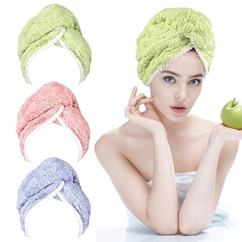 PHOGARY Turban pour Cheveux, Serviette Microfibre Cheveux Bouclés, Lot de 3 Serviettes Turban avec Bouton 65x25 cm, Ultra-Épaisses Serviette Seche Cheveux Sechage Rapide pour Femmes et Enfants