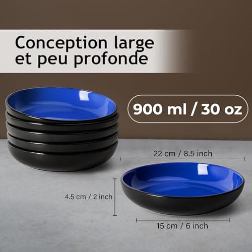 MIAMIO – 890 ml Kit de 6 bols à pâtes/bols à salade, assiettes à pâtes bols larges et peu profonds, grande assiette creuse en grès céramique pour servir la soupe, va au (Bleu)