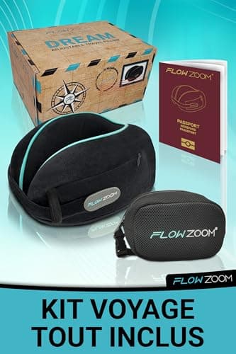 FLOWZOOM Dream Coussin de Voyage en Mousse à Mémoire pour Avion et Voiture – Oreiller de Voyage avec Côtés Rehaussés pour Un Meilleur Soutien, Housse Lavable et Pochette de Transport – Noir